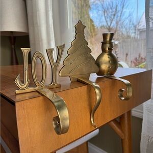 Set of 3 Vintage Brass Stocking Hangers – Joy, Tree & Snowman